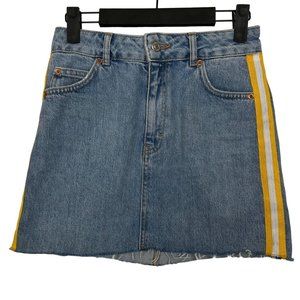 TOPSHOP Mini Denim Skirt Yellow White racing stripe raw hem MOTO Size 2